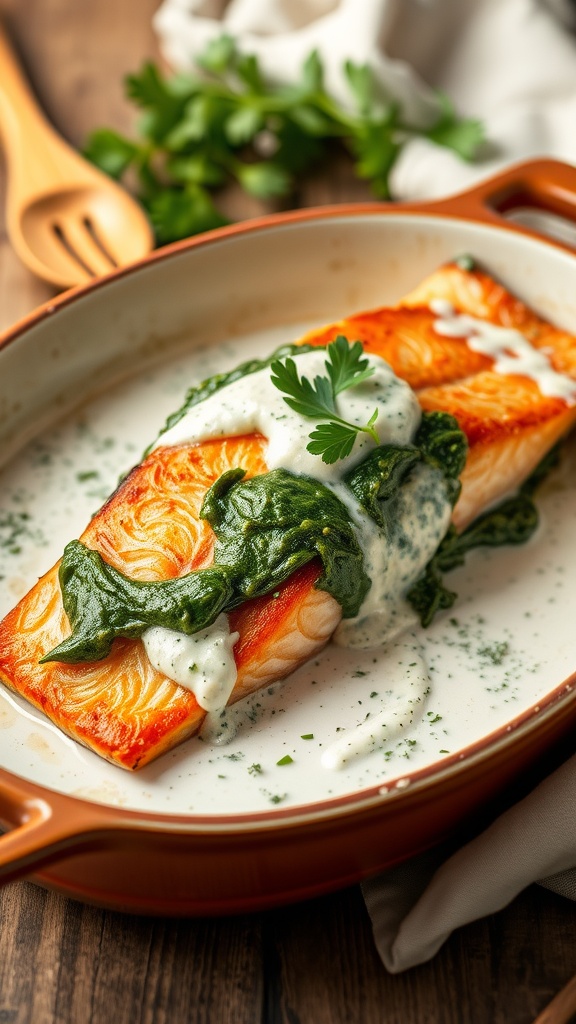 Baked salmon fillet with creamy spinach sauce, garnished with parsley in a rustic dish on a kitchen table.